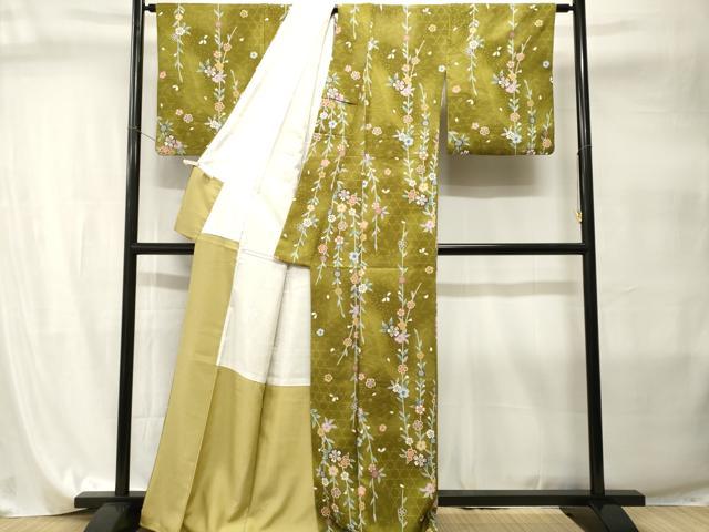 平和屋着物■小紋 流水枝垂れ花文 葡萄鼠 金彩 洗える着物 CABI8004ev