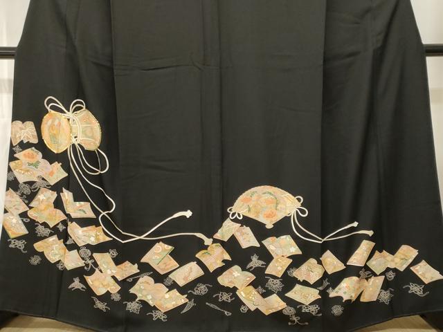 平和屋着物■豪華黒留袖 駒刺繍 鼓檜扇冊子鳳凰花文 金彩 正絹 逸品 CABI8078ev