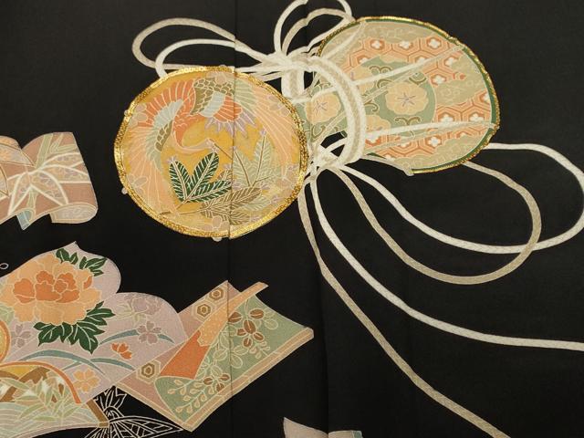 平和屋着物■豪華黒留袖 駒刺繍 鼓檜扇冊子鳳凰花文 金彩 正絹 逸品 CABI8078ev