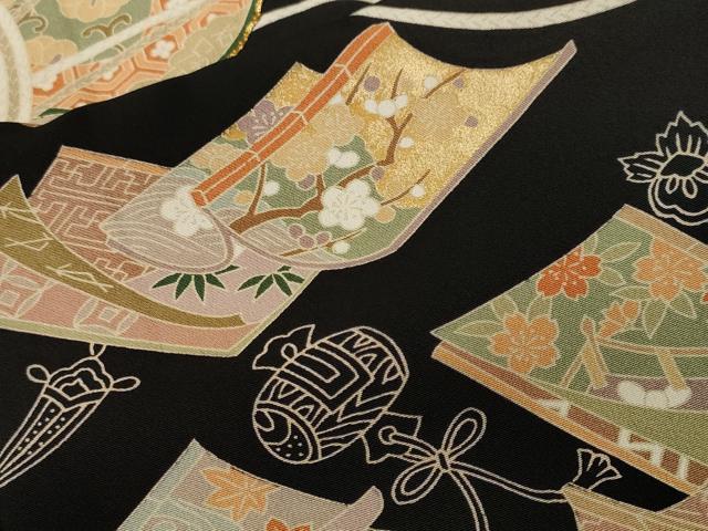 平和屋着物■豪華黒留袖 駒刺繍 鼓檜扇冊子鳳凰花文 金彩 正絹 逸品 CABI8078ev