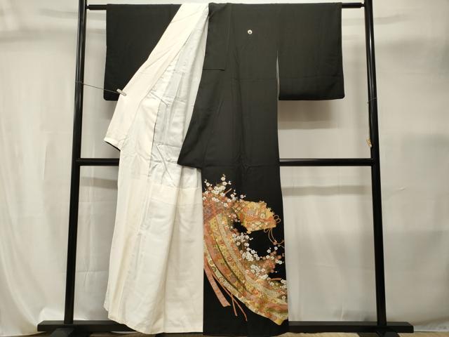平和屋着物■豪華黒鳶色 几帳檜扇御所車花文 金彩 正絹 逸品 CABI8108ev