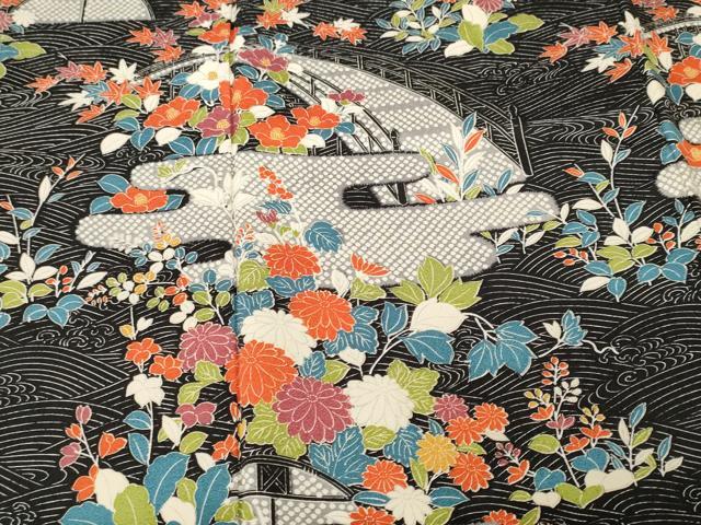 平和屋着物■訪問着 流水エ霞渡り橋花文 黒地 正絹 逸品 CABI8113ev
