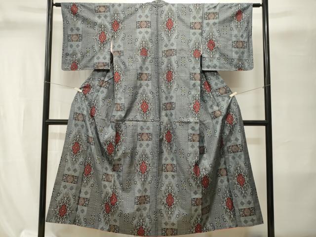 平和屋着物■本場大島紬 割り込み絣 幾何学花唐草文 正絹 逸品 CABI8128ev