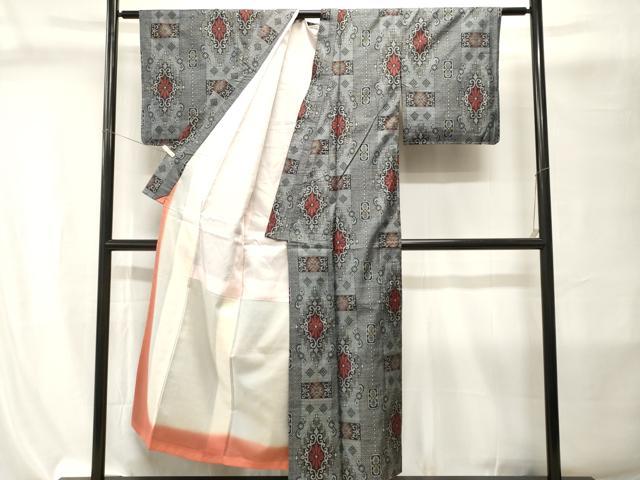 平和屋着物■本場大島紬 割り込み絣 幾何学花唐草文 正絹 逸品 CABI8128ev