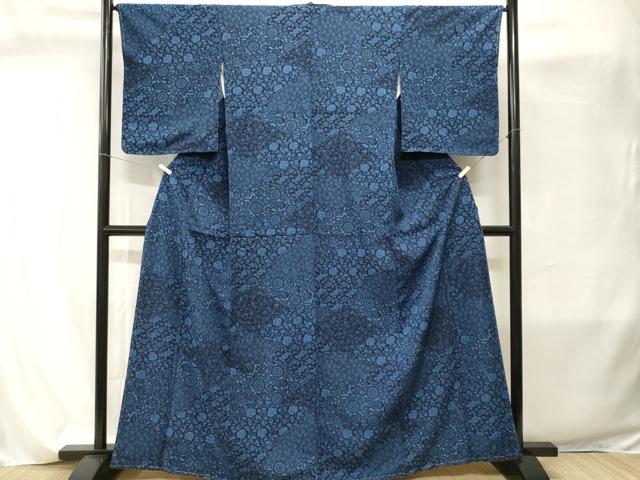 平和屋着物■小紋 藍 型染め 切嵌鳳凰花唐草文 洗える着物 CABI8133ev