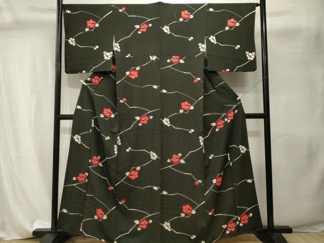 平和屋着物■上質な小紋 枝椿文 黒地 正絹 逸品 CABI8171ev