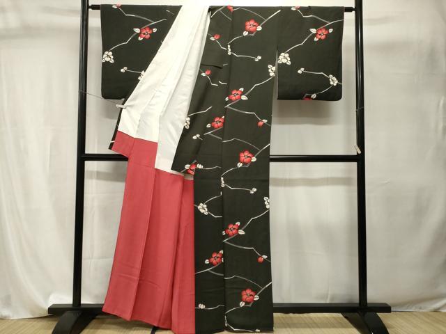 平和屋着物■上質な小紋 枝椿文 黒地 正絹 逸品 CABI8171ev