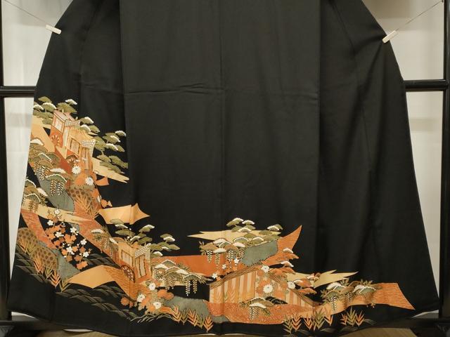 平和屋着物■豪華黒留袖 駒刺繍 御所車やり梅松文 金彩 正絹 逸品 CABI8194ev