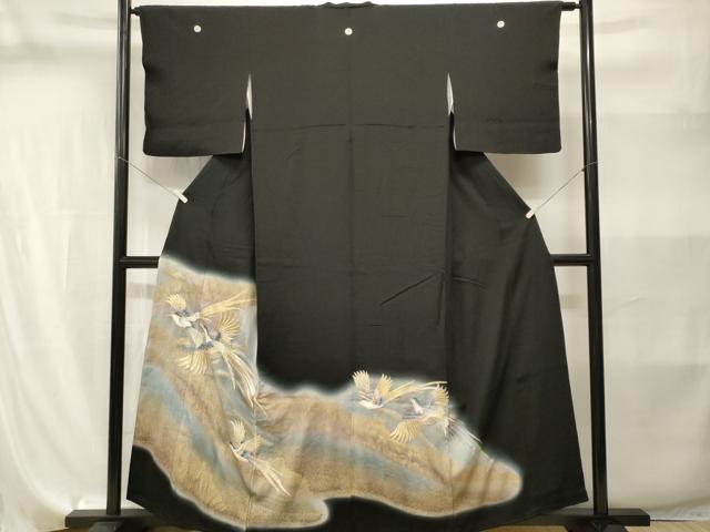 平和屋着物■豪華黒留袖 刺繍 芒尾長鳥飛鳥文 暈し染め 金彩 正絹 逸品 CABI8203ev