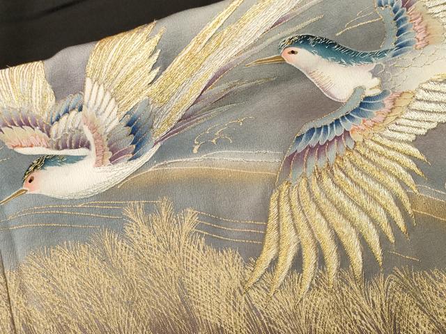 平和屋着物■豪華黒留袖 刺繍 芒尾長鳥飛鳥文 暈し染め 金彩 正絹 逸品 CABI8203ev