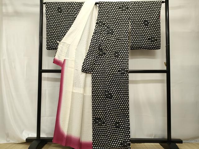 平和屋着物■上質な小紋 総絞り 松皮菱文 黒地 正絹 逸品 CABI8217ev