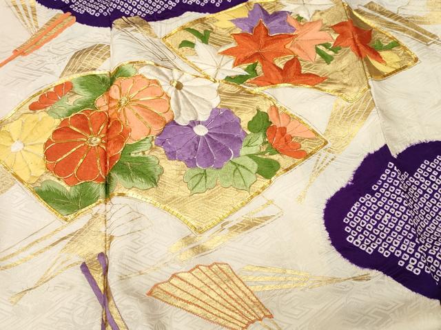 平和屋着物■豪華振袖 駒刺繍 絞り 地紙扇菊文 金彩 正絹 逸品 CABI8218ev