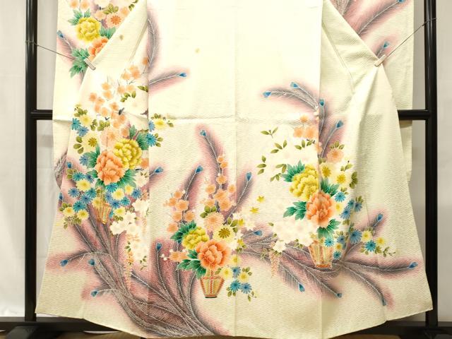 平和屋着物■豪華振袖 駒刺繍 花籠文 孔雀羽 暈し染め 金彩 正絹 逸品 CABI8225ev