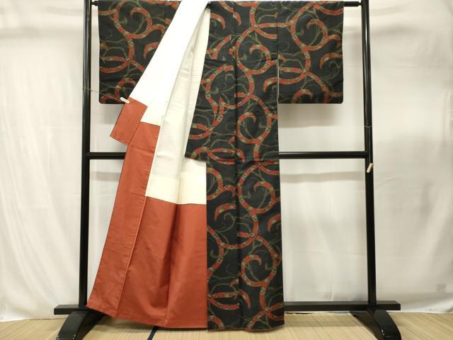 平和屋着物■上質な紬 花唐草文 黒地 正絹 逸品 CABI8273ev