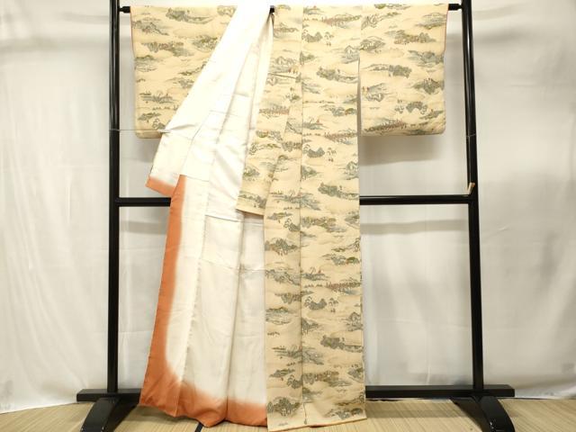 平和屋着物■上質な小紋 人物風景文 富士山 鬼しぼ縮緬 正絹 逸品 CABI8302ev