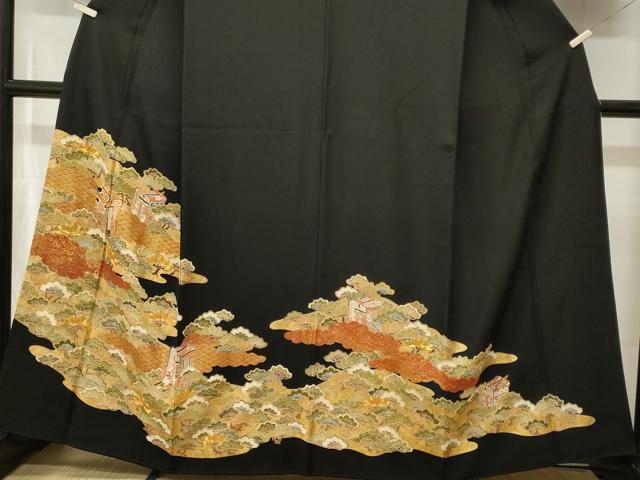 平和屋着物■豪華黒留袖 駒刺繍 御所車松文 正絹 逸品 CABI8326ev