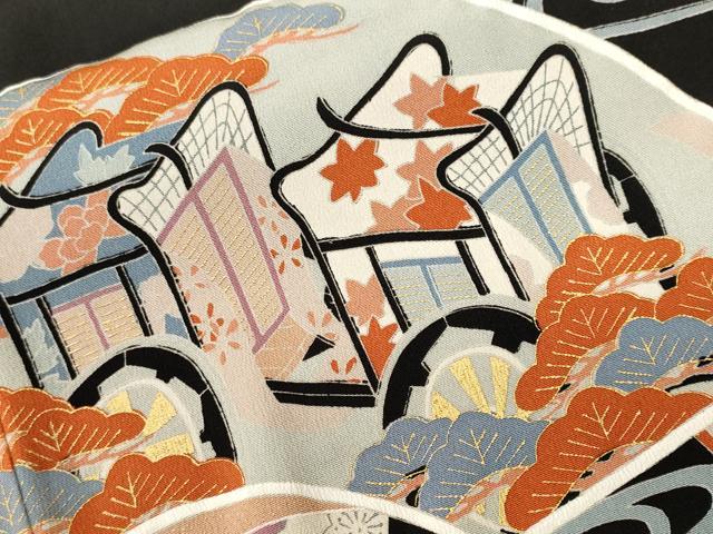 平和屋着物■豪華黒留袖 駒刺繍 流水地紙御所車花文 正絹 逸品 CABI8327ev
