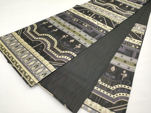 平和屋着物▽六通柄袋帯 スリーシーズン 春夏秋 櫛織 花唐草文 黒地 正絹 逸品 CABI8437tx