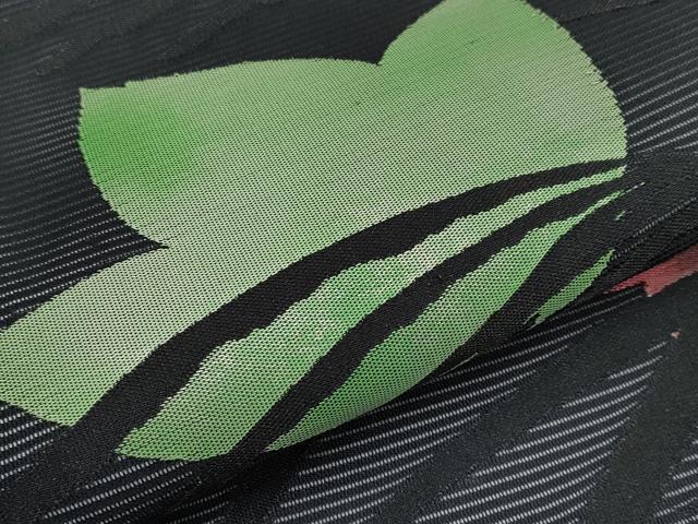 平和屋着物*夏物 九寸開き名古屋帯 すすき 舞花文 黒地 正絹 逸品 CABI8452tx