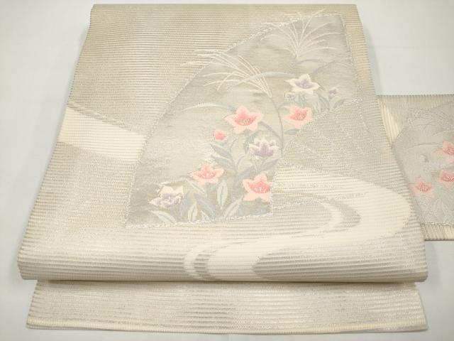 平和屋着物*夏物 九寸名古屋帯 扇面草花文 銀糸 正絹 逸品 CABI8457tx