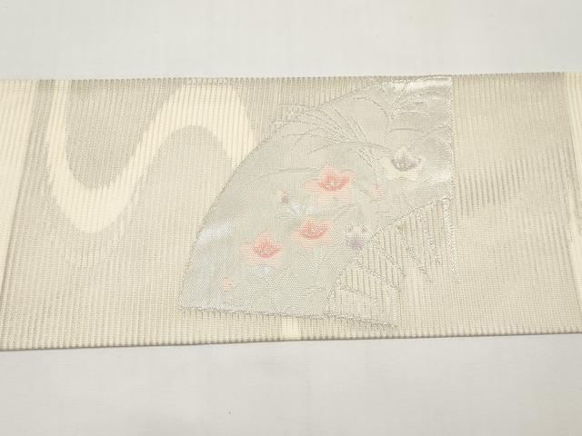 平和屋着物*夏物 九寸名古屋帯 扇面草花文 銀糸 正絹 逸品 CABI8457tx