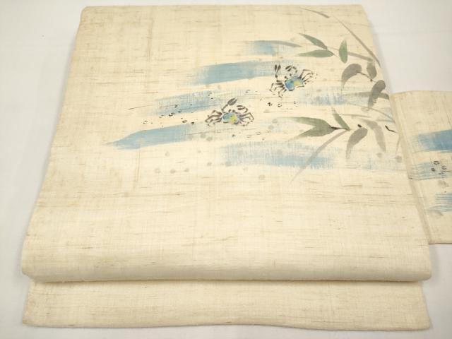 平和屋着物*夏物 九寸名古屋帯 手描き 蟹 カニ 銀彩 麻 逸品 CABI8469tx
