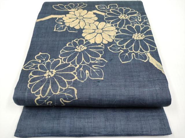 平和屋着物*夏物 太鼓柄袋帯 藍 枝菊文 麻 逸品 CABI8478tx