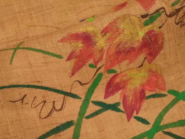 平和屋着物*夏物 太鼓柄袋帯 手描き 葡萄蔦の葉文 麻 逸品 未使用 CABI8485tx