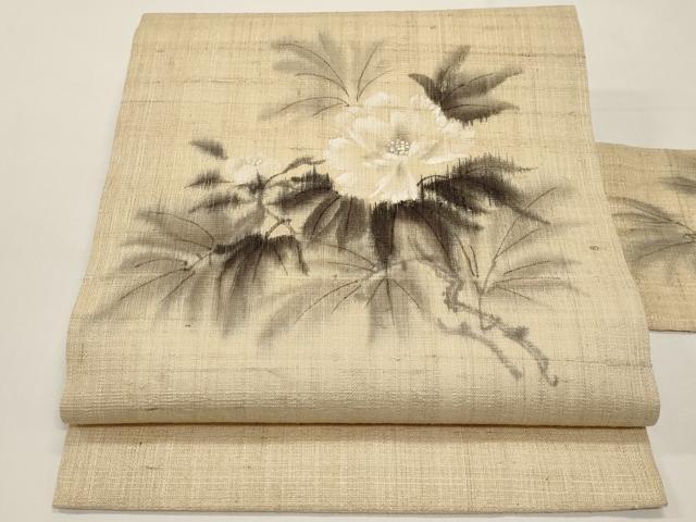 平和屋着物*夏物 九寸名古屋帯 作家物 手描き 紬地 牡丹 正絹 逸品 CABI8509tx