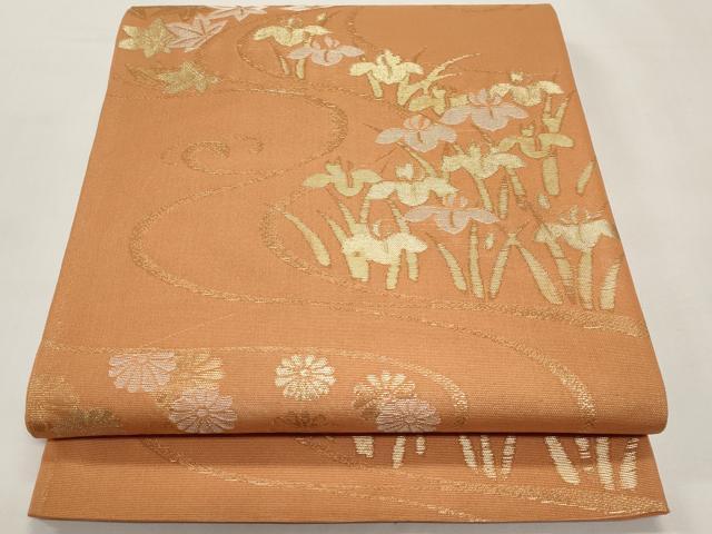 平和屋着物*夏物 六通柄袋帯 流水草花文 金糸 正絹 逸品 CABI8515tx