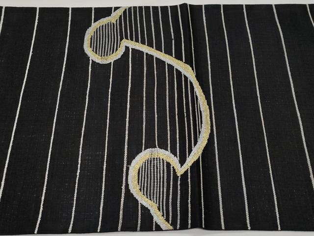 平和屋着物*夏物 太鼓柄袋帯 櫛織 立波文 黒地 金銀糸 正絹 逸品 CABI8528tx