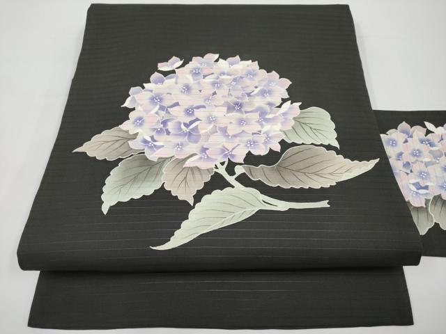 平和屋着物*夏物 絽塩瀬 九寸名古屋帯 手描き 紫陽花 黒地 正絹 逸品 CABI8554tx