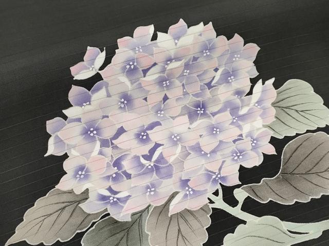 平和屋着物*夏物 絽塩瀬 九寸名古屋帯 手描き 紫陽花 黒地 正絹 逸品 CABI8554tx