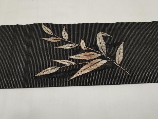 平和屋着物*夏物 九寸名古屋帯 枝葉文 黒地 金糸 正絹 逸品 CABI8616tx