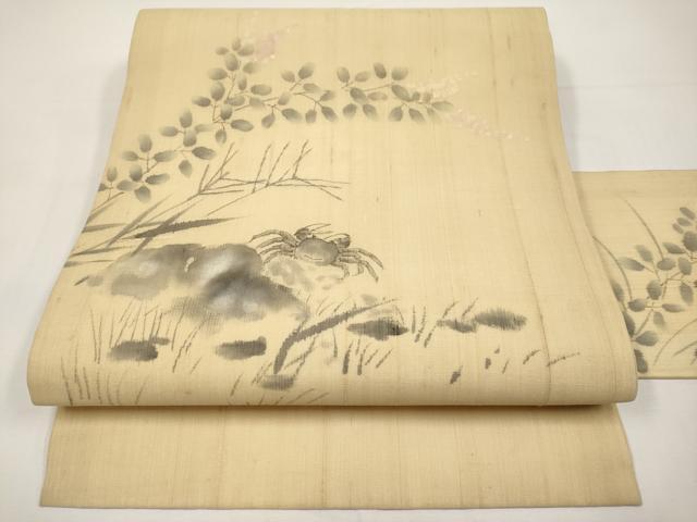 平和屋着物*夏物 九寸名古屋帯 手描き カニ 蟹 麻 逸品 CABI8620tx