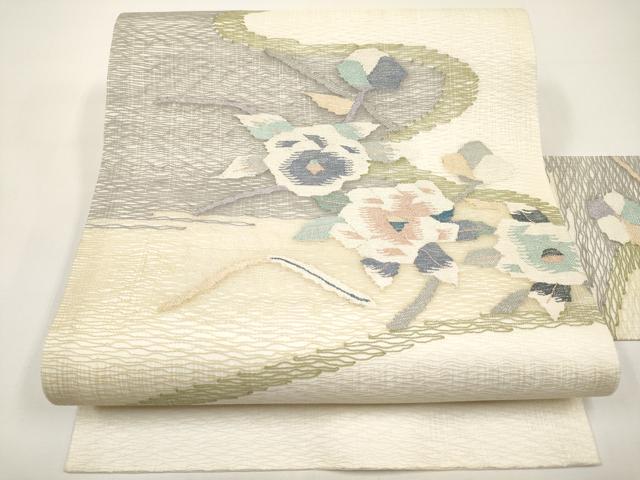 平和屋着物*夏物 九寸名古屋帯 すくい織 枝花文 銀糸 正絹 逸品 未使用 CABI8634tx