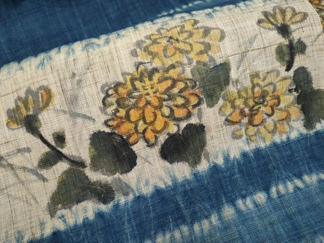 平和屋着物*夏物 九寸名古屋帯 手描き 絞り 枝菊文 麻 逸品 CABI8662tx