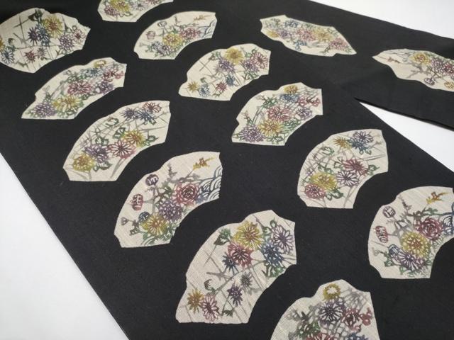 平和屋着物*夏物 九寸名古屋帯 型染め 地紙草花文 黒地 正絹 逸品 CABI8664tx