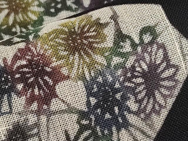 平和屋着物*夏物 九寸名古屋帯 型染め 地紙草花文 黒地 正絹 逸品 CABI8664tx
