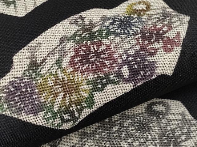 平和屋着物*夏物 九寸名古屋帯 型染め 地紙草花文 黒地 正絹 逸品 CABI8664tx