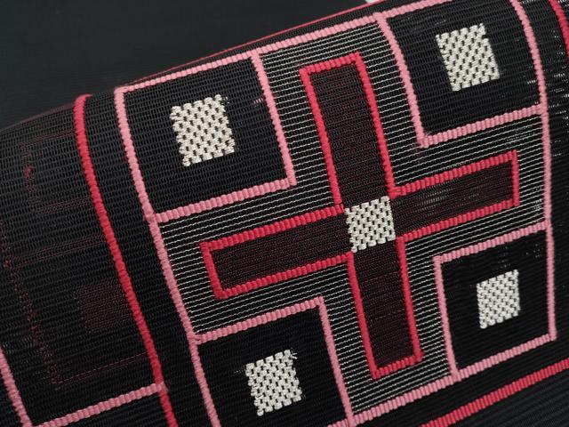 平和屋着物*夏物 八寸名古屋帯 絽綴れ 色紙重ね文 黒地 正絹 逸品 CABI8670tx