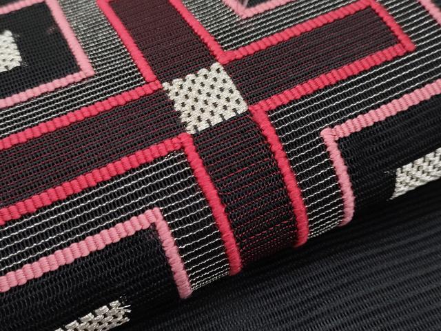 平和屋着物*夏物 八寸名古屋帯 絽綴れ 色紙重ね文 黒地 正絹 逸品 CABI8670tx