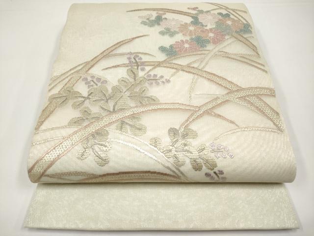 平和屋着物*夏物 太鼓柄袋帯 絽刺し 区限刺繍 芝草花文 金糸 正絹 逸品 CABI8692tx