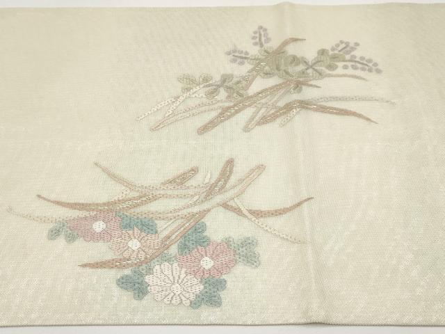 平和屋着物*夏物 太鼓柄袋帯 絽刺し 区限刺繍 芝草花文 金糸 正絹 逸品 CABI8692tx