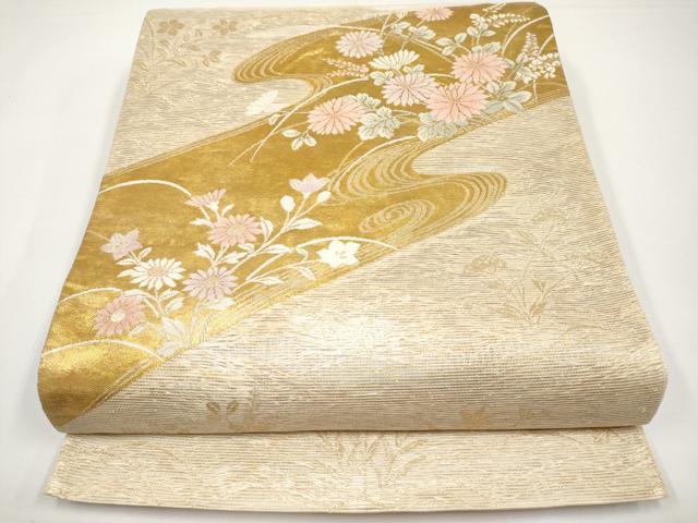 平和屋着物*夏物 六通柄袋帯 流水草花文 金糸 正絹 逸品 CABI8696tx