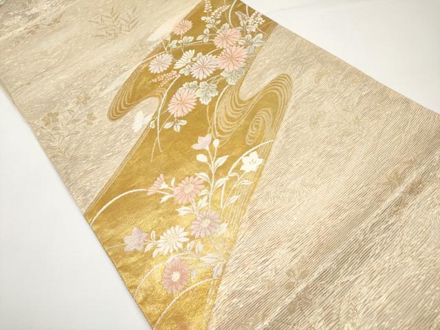 平和屋着物*夏物 六通柄袋帯 流水草花文 金糸 正絹 逸品 CABI8696tx