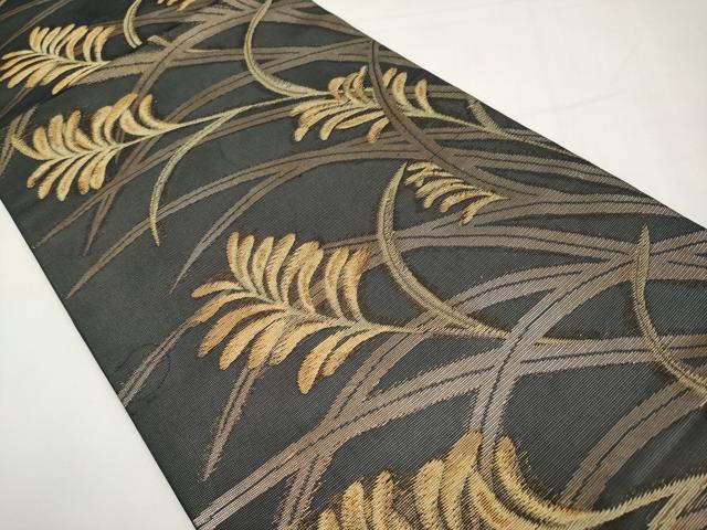 平和屋着物*夏物 九寸開き名古屋帯 草木文 黒地 金糸 正絹 逸品 CABI8795tx