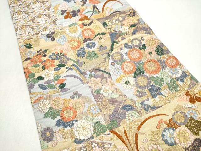 平和屋着物●六通柄袋帯 唐織 市松花の丸紋 金糸 正絹 逸品 CABI8809hy