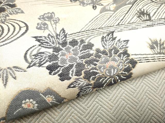 平和屋着物●六通柄袋帯 作家物 流水草花文 金糸 正絹 逸品 CABI8817hy