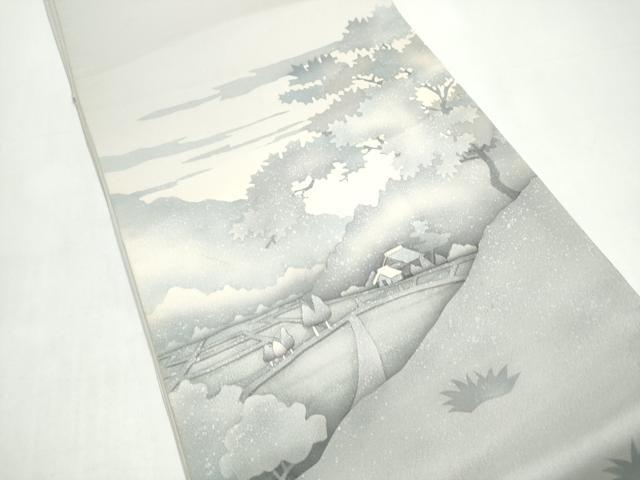 平和屋着物●太鼓柄袋帯 作家物 風景文 銀通し地 正絹 逸品 CABI8827hy